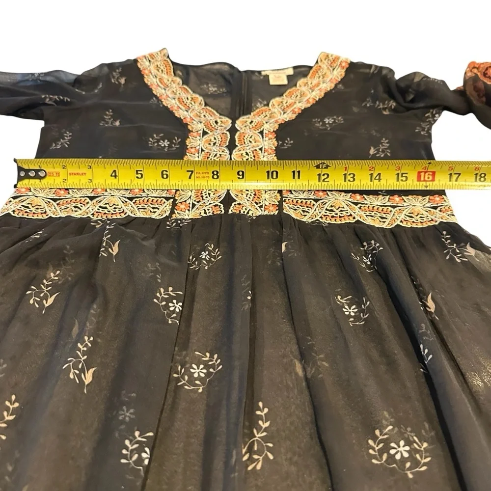 Sundance Black Floral Sheer Embroidered Flared Sleeve Boho Midi Dress Size 4